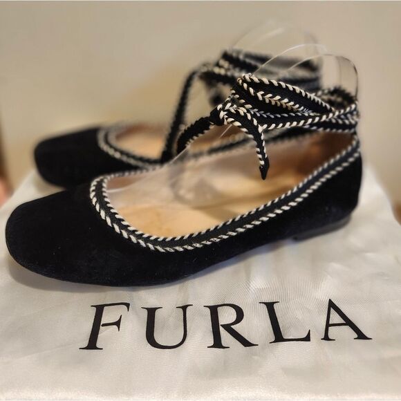 Furla "Bouganville" Blak Suede Laceup Ballet Flats Sz.7.5/38.5 Ret$295 w/Dustbag - Picture 1 of 16